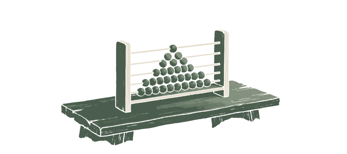 Woodblock print: a small wooden bead rack standing on a bench: a triangle of pegged beads, each row one shorter than the row above, a lone bead at the apex in green.