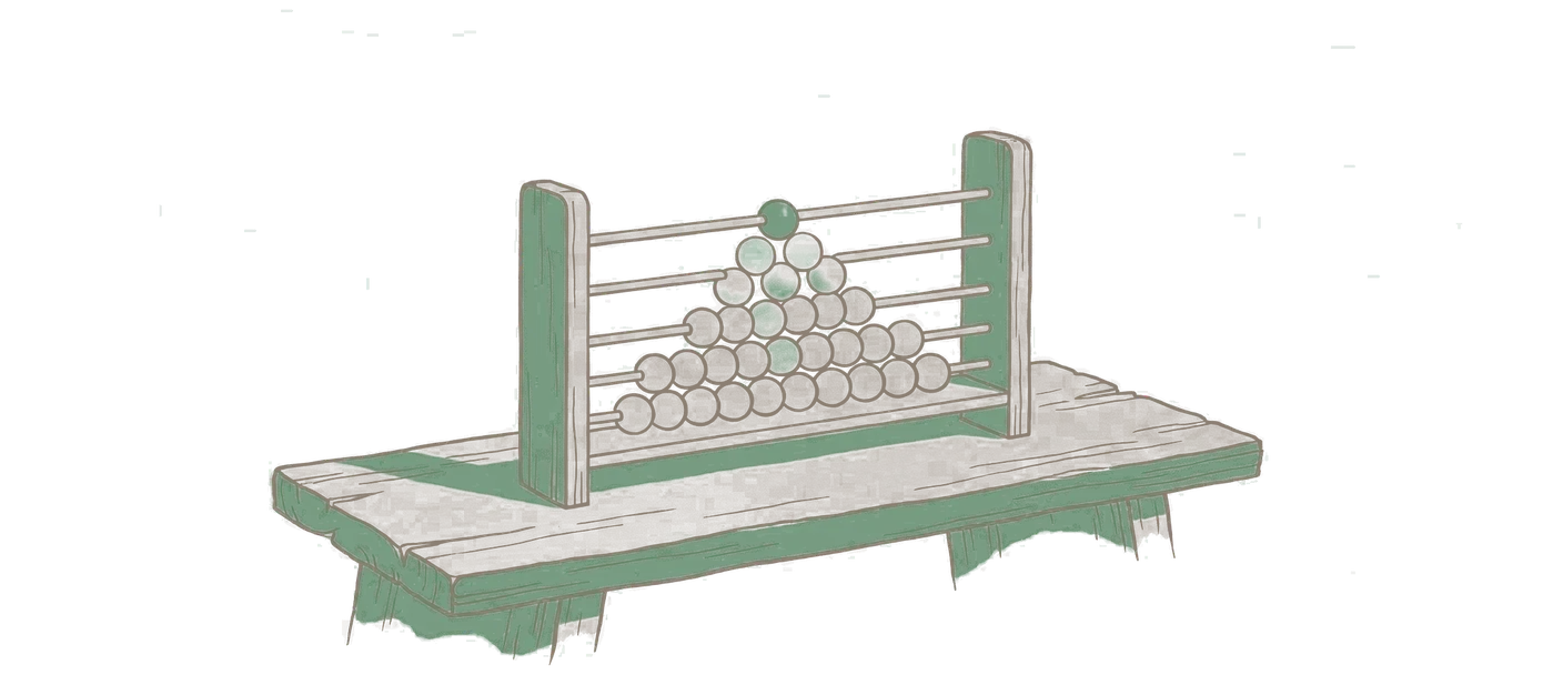 Woodblock print: a small wooden bead rack standing on a bench: a triangle of pegged beads, each row one shorter than the row above, a lone bead at the apex in green.