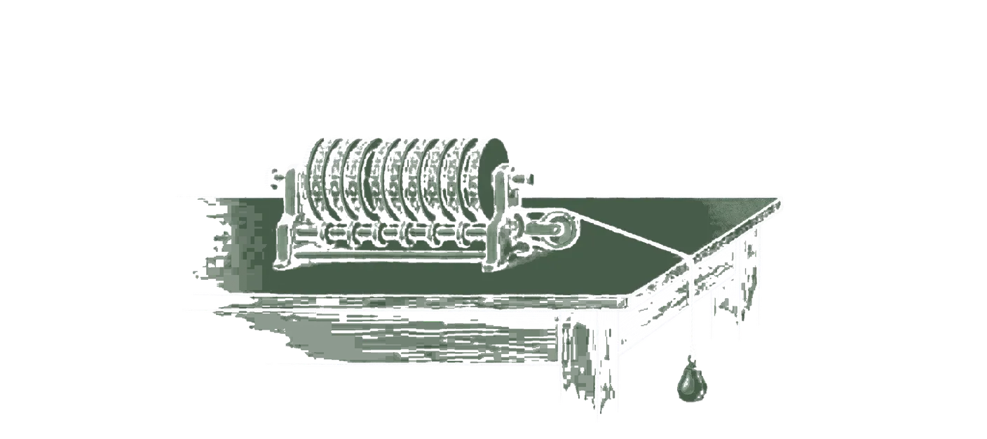 Woodblock print: a column of brass counting wheels from a Victorian calculating engine standing on a table, with one cord led off a pulley to a single small weight hanging at its side; the weight in green.