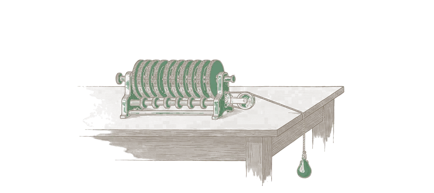 Woodblock print: a column of brass counting wheels from a Victorian calculating engine standing on a table, with one cord led off a pulley to a single small weight hanging at its side; the weight in green.