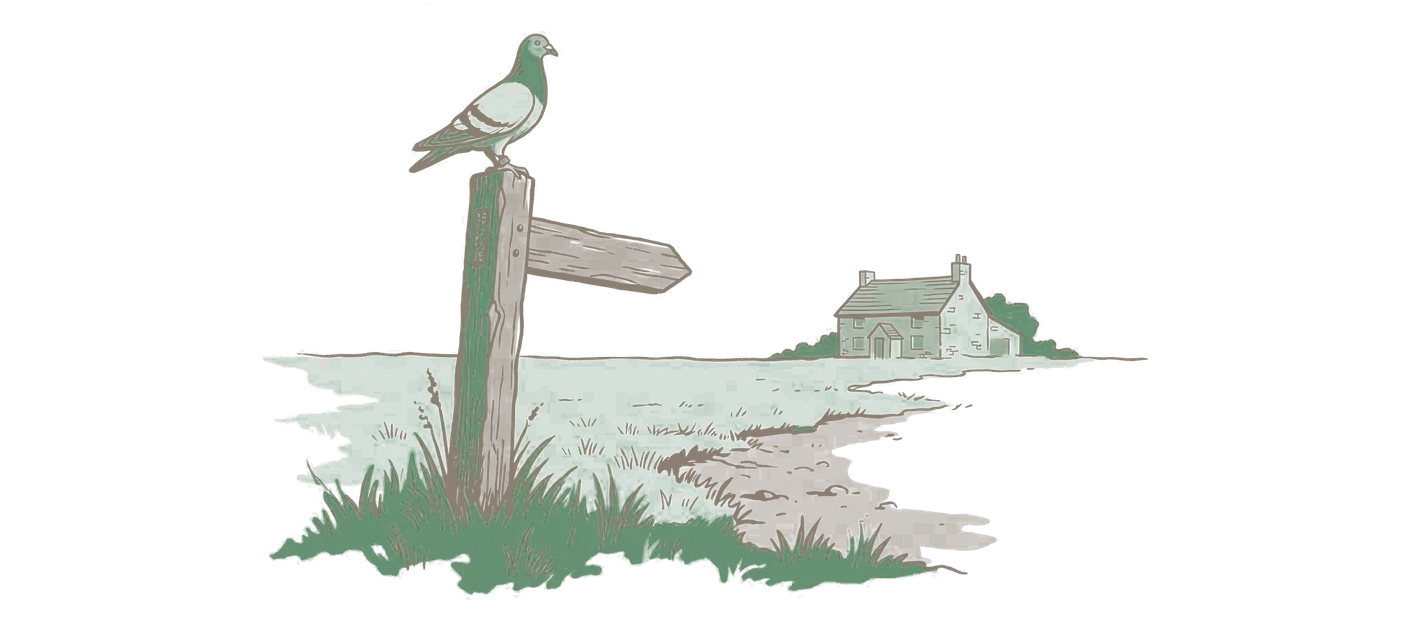 Woodblock print: a wooden signpost at the edge of a paddock, one arm being turned on its bolt toward a distant farmhouse, a homing pigeon perched on top.