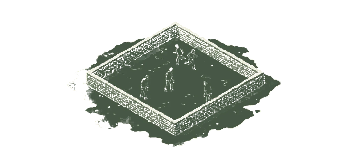 Woodblock print: seen from directly above, a bird's-eye view: a closed square pen of low stone walls on bare ground, all four walls continuous with no opening, so the square is complete; inside the square, two survivors in plain modern clothes run toward one corner while three shambling zombies, already inside the square, chase them across the floor; nothing outside the walls but bare paper.