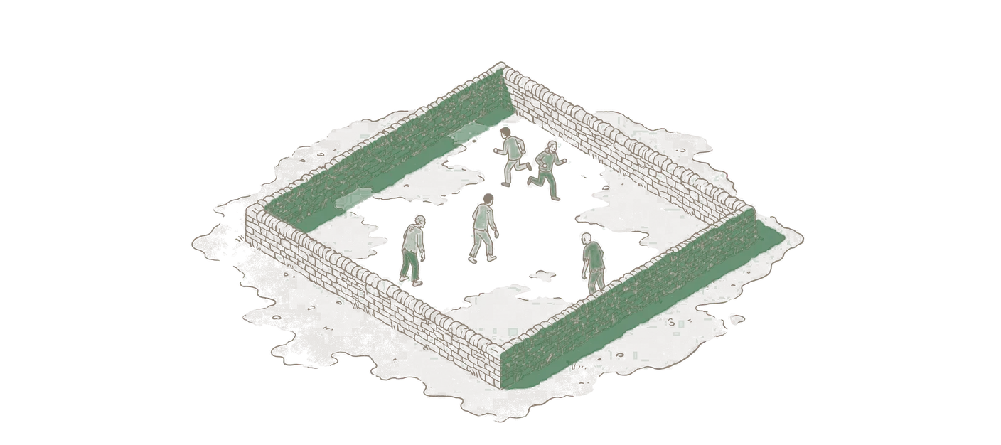 Woodblock print: seen from directly above, a bird's-eye view: a closed square pen of low stone walls on bare ground, all four walls continuous with no opening, so the square is complete; inside the square, two survivors in plain modern clothes run toward one corner while three shambling zombies, already inside the square, chase them across the floor; nothing outside the walls but bare paper.