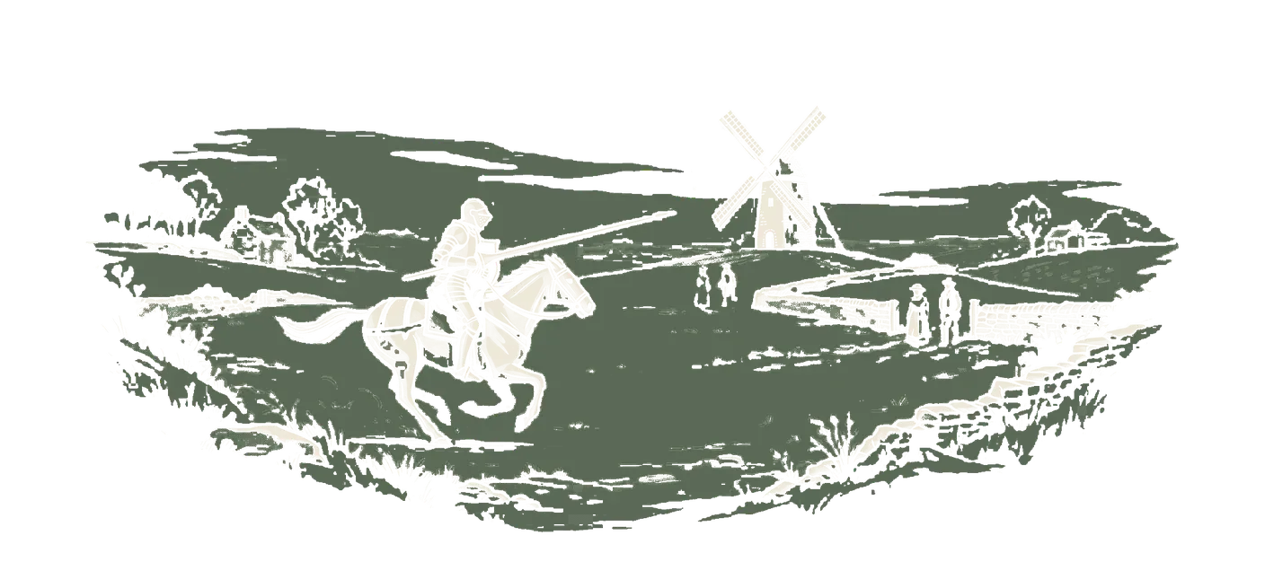 Woodblock print: a knight in plate armour at full gallop across a paddock, lance couched, riding at a windmill on a low hill.