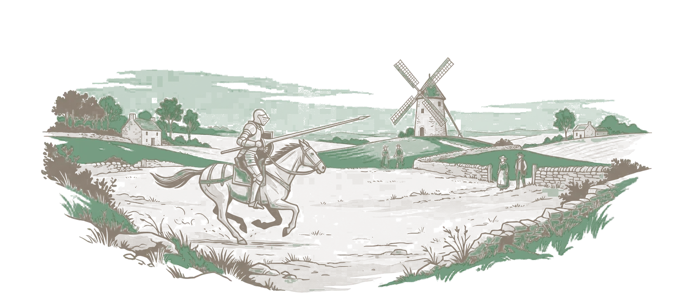 Woodblock print: a knight in plate armour at full gallop across a paddock, lance couched, riding at a windmill on a low hill.