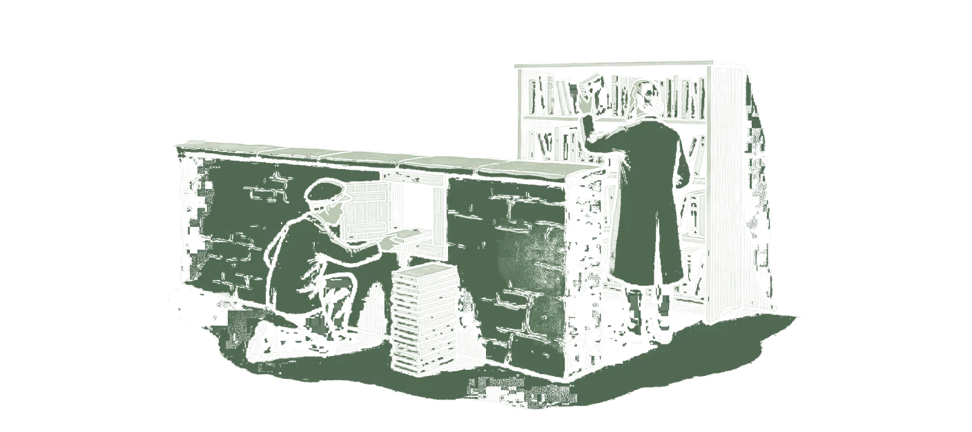 Woodblock print: a student at a small hatch in a low wall, posting one of a tall stack of identically cut wooden tokens through the slot; on the far side of the wall the teacher stands with their back to the hatch, taking a book down from a bookshelf.