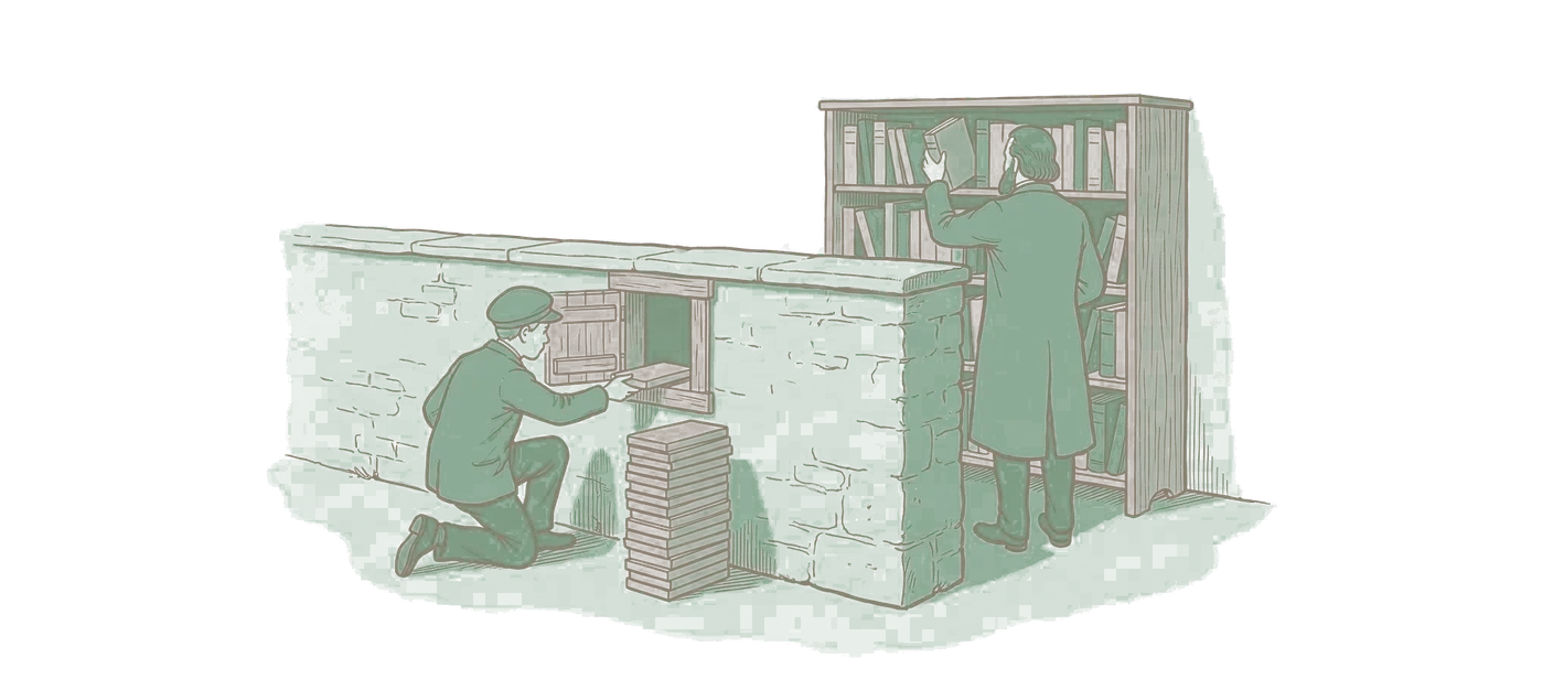 Woodblock print: a student at a small hatch in a low wall, posting one of a tall stack of identically cut wooden tokens through the slot; on the far side of the wall the teacher stands with their back to the hatch, taking a book down from a bookshelf.