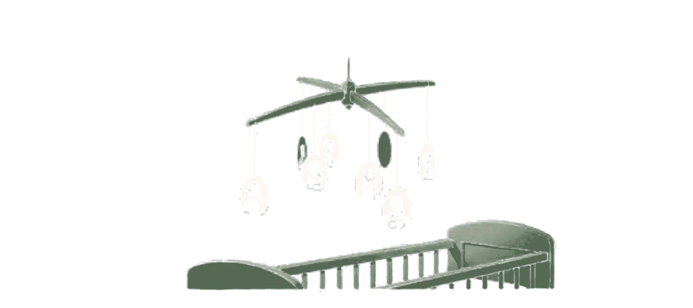 Woodblock print: a crib mobile turning slowly above an empty cot, hung with small oval silhouette portraits in Victorian collars and side-whiskers.