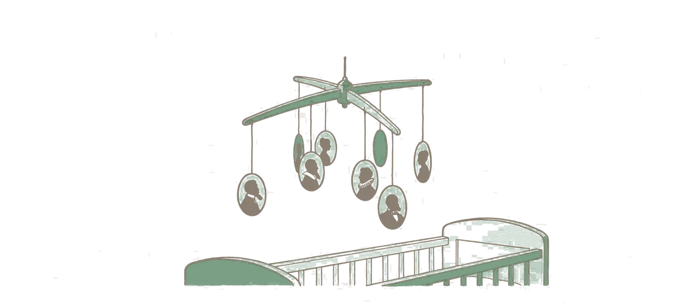 Woodblock print: a crib mobile turning slowly above an empty cot, hung with small oval silhouette portraits in Victorian collars and side-whiskers.