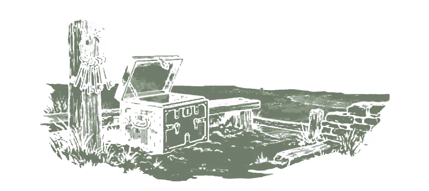Woodblock print: a ring of old keys hanging on a nail beside a strongbox standing open and empty, its lid back.