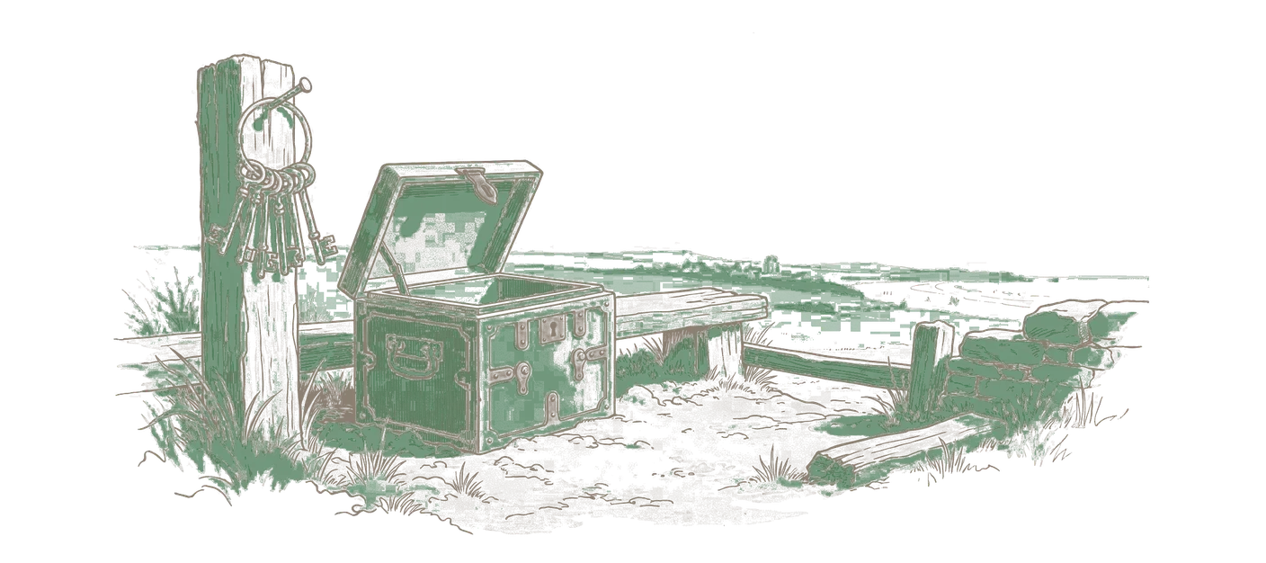 Woodblock print: a ring of old keys hanging on a nail beside a strongbox standing open and empty, its lid back.
