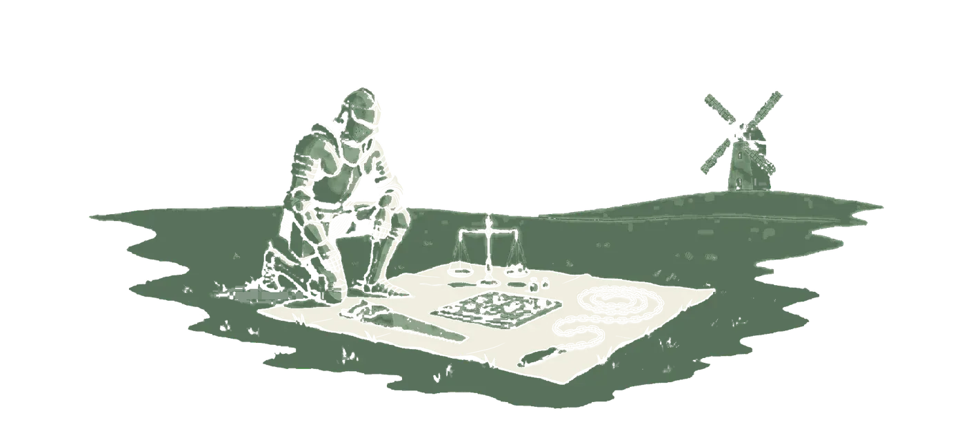 Woodblock print: the knight in plate armour kneeling on the grass before a cloth on which his instruments are laid out in a row: a saw, a set of balance scales, a game board, a surveyor's chain, one of them in green; the windmill small on a low hill behind him.