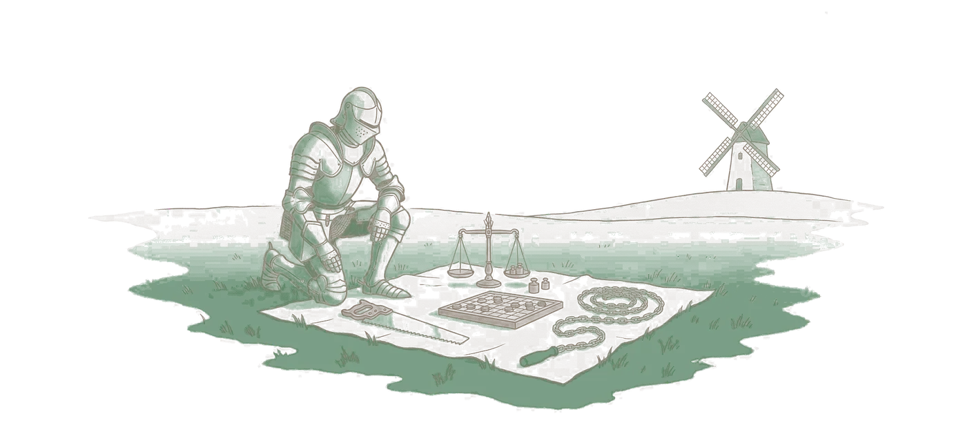 Woodblock print: the knight in plate armour kneeling on the grass before a cloth on which his instruments are laid out in a row: a saw, a set of balance scales, a game board, a surveyor's chain, one of them in green; the windmill small on a low hill behind him.