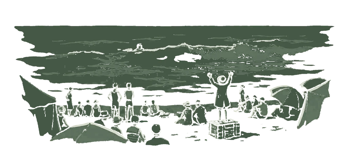 Ink wash of a beach: a lone swimmer far out in green choppy water with a dark shape beneath the surface, and on the crowded sand a small figure with arms raised toward the sea.