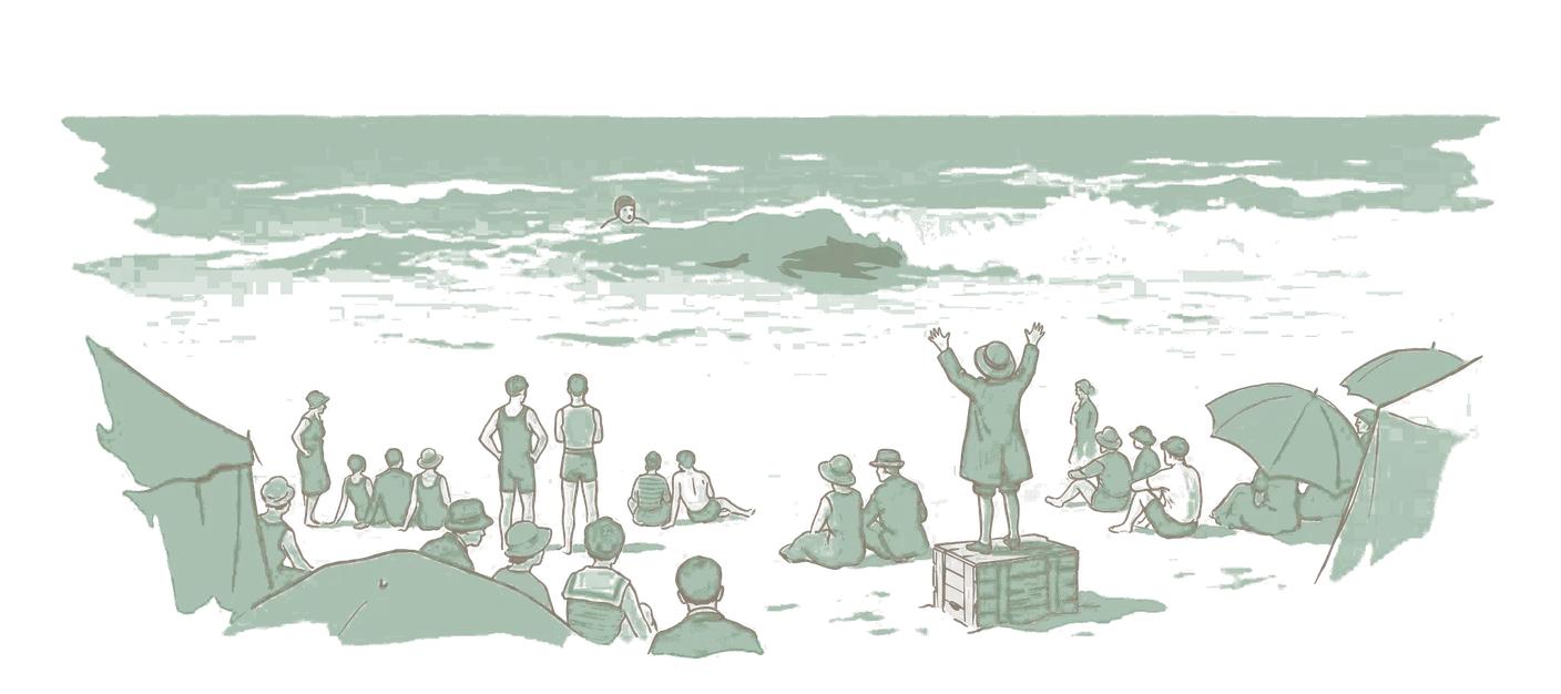 Ink wash of a beach: a lone swimmer far out in green choppy water with a dark shape beneath the surface, and on the crowded sand a small figure with arms raised toward the sea.