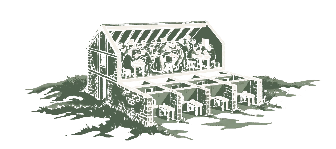 Woodblock print: a small two-storey building cut away in section: the upper floor crowded with little figures passing notes to each other in a tangle, the lower floor a plain grid of connected cells with values running one way through it.