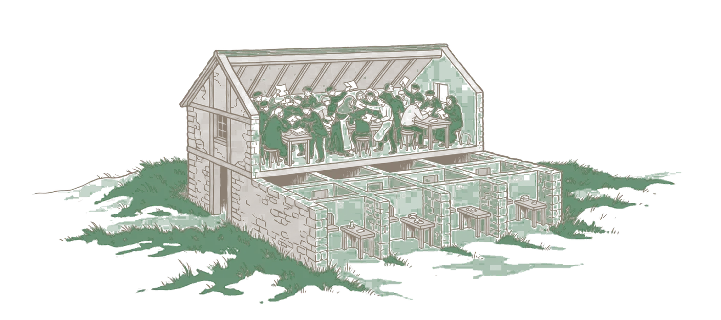 Woodblock print: a small two-storey building cut away in section: the upper floor crowded with little figures passing notes to each other in a tangle, the lower floor a plain grid of connected cells with values running one way through it.