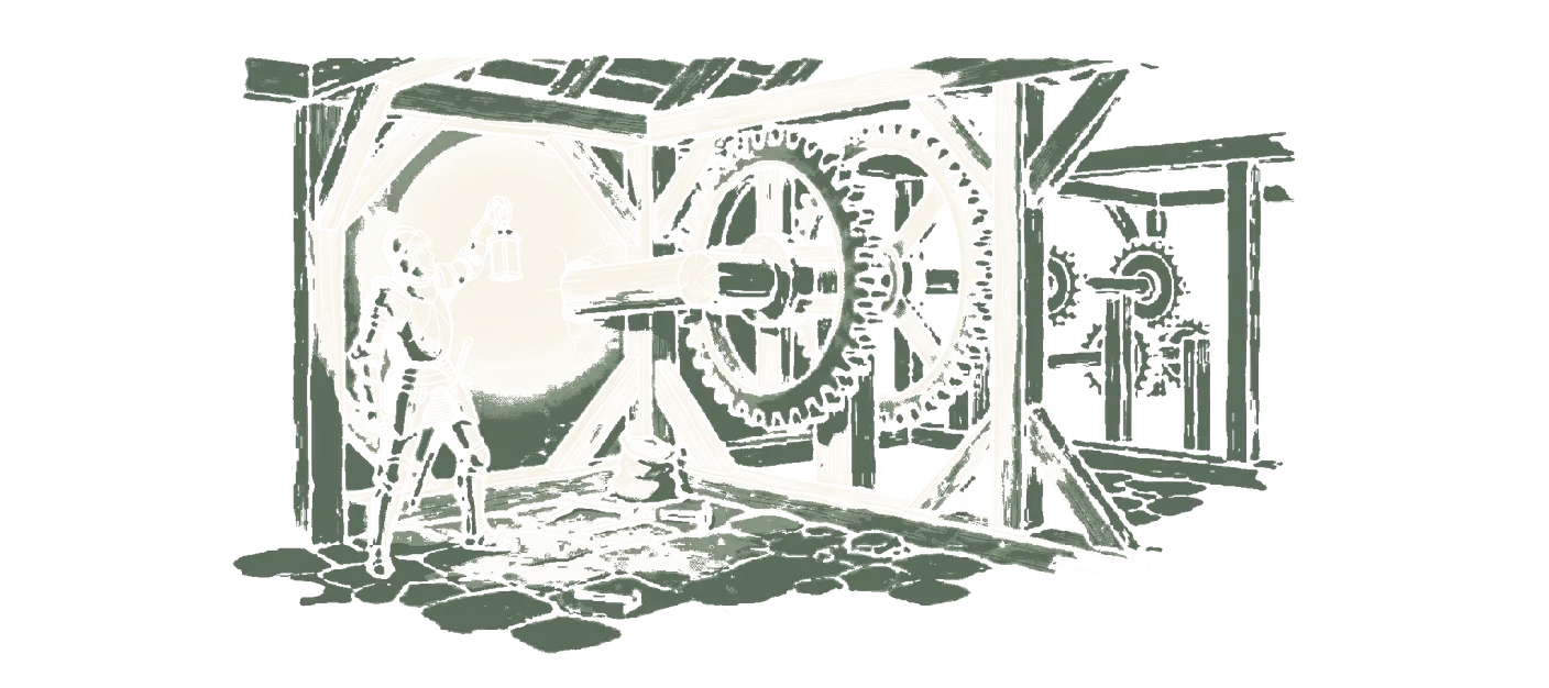 Woodblock print: the knight in plate armour inside the mill tower, lantern raised to where the sail shaft meets the first gear wheel; one tooth of that wheel in green, the meshing wheel beyond it and every wheel after plain dark.
