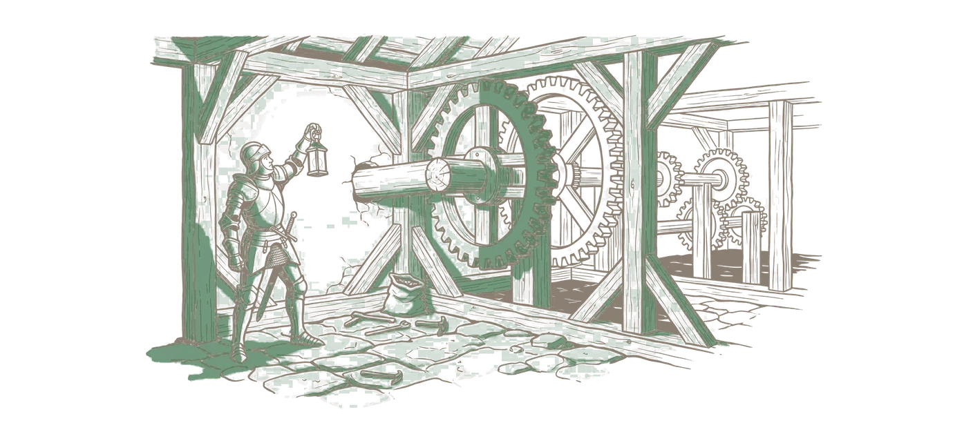 Woodblock print: the knight in plate armour inside the mill tower, lantern raised to where the sail shaft meets the first gear wheel; one tooth of that wheel in green, the meshing wheel beyond it and every wheel after plain dark.