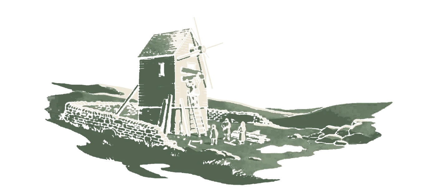 Woodblock print: the windmill with every door and hatch boarded over; the knight in plate armour on a ladder driving the last nail into the boards over a small high window beside the sail shaft, that final plank in green.