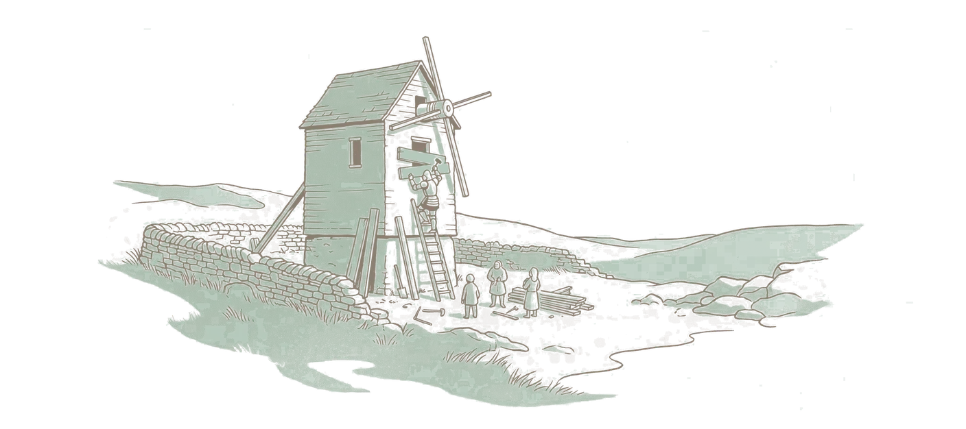 Woodblock print: the windmill with every door and hatch boarded over; the knight in plate armour on a ladder driving the last nail into the boards over a small high window beside the sail shaft, that final plank in green.