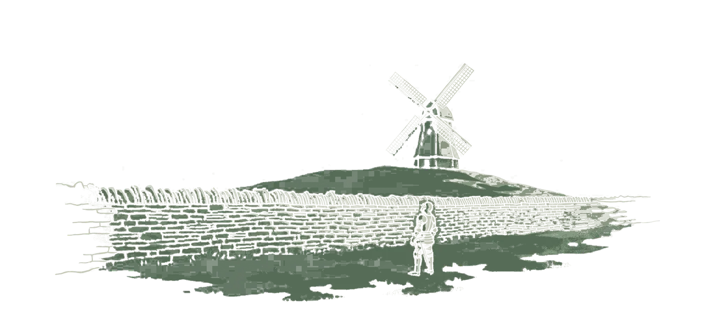 Etching of a windmill whose sails carry a ripple-carry adder circuit, standing on a hill behind a high stone wall. A knight with a lance stands at the foot of the wall, looking up.