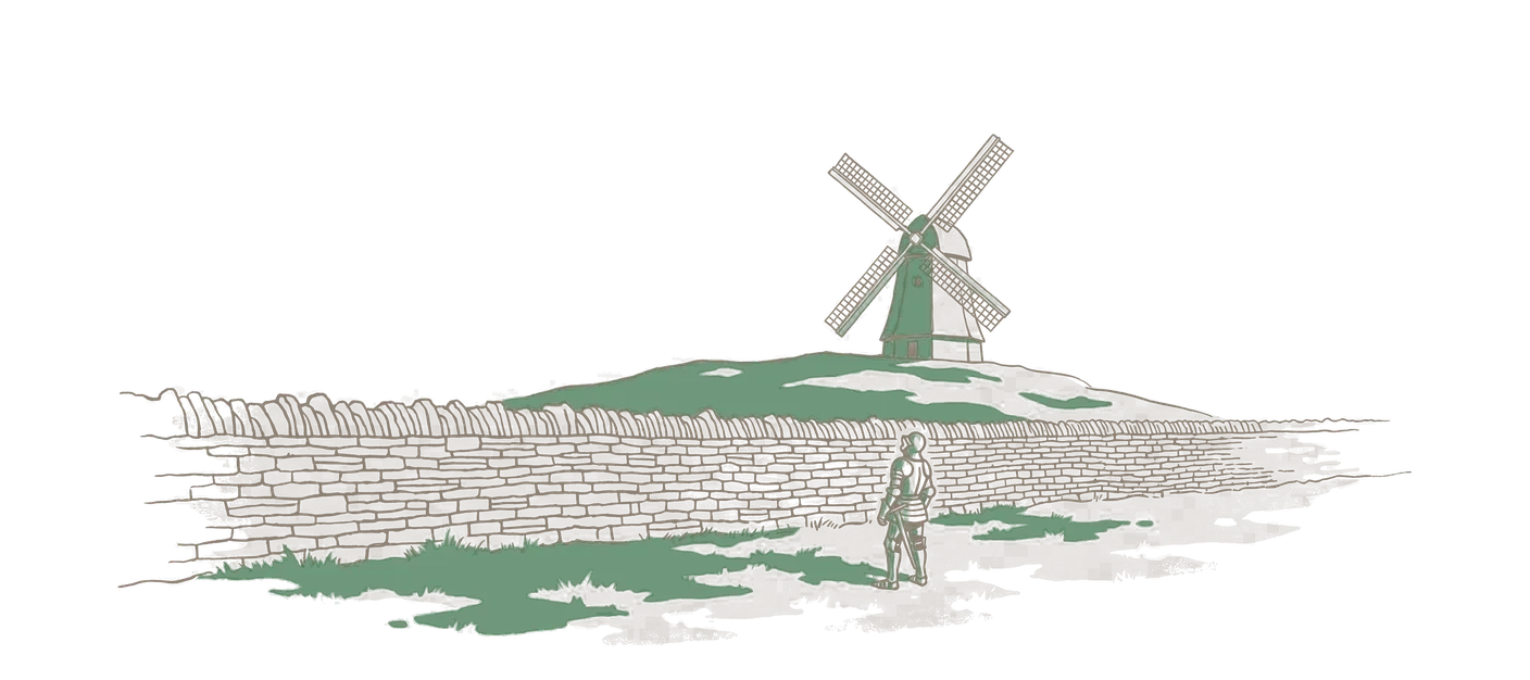 Etching of a windmill whose sails carry a ripple-carry adder circuit, standing on a hill behind a high stone wall. A knight with a lance stands at the foot of the wall, looking up.
