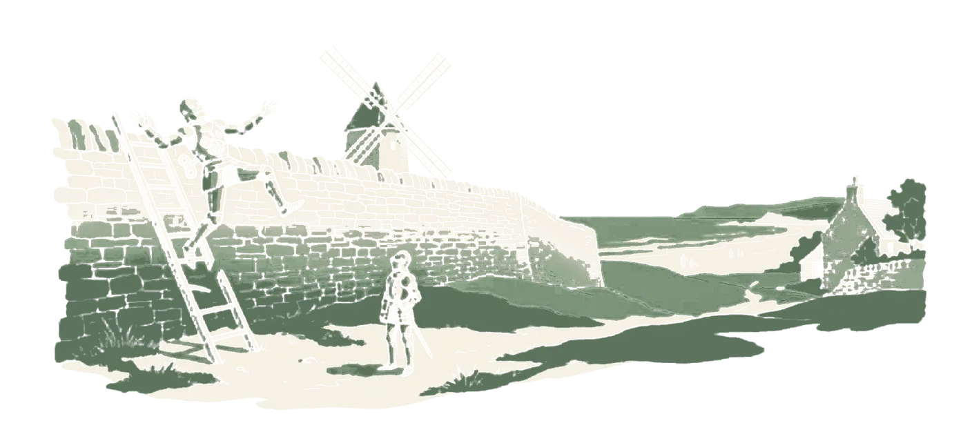 Woodblock print: a clockwork automaton coming off a high drystone wall one course above the top of its ladder, arms out and footing gone, the ladder's next rung broken away; the knight in plate armour below watching with his lance grounded, the windmill's sails showing above the wall.