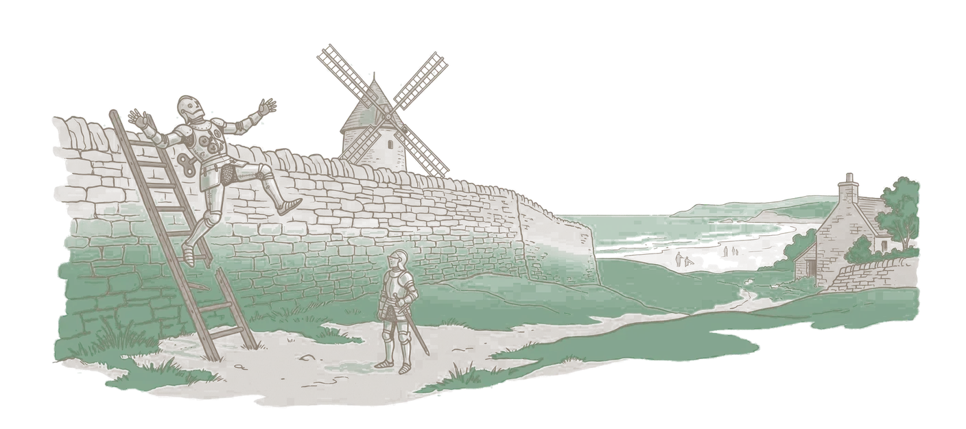 Woodblock print: a clockwork automaton coming off a high drystone wall one course above the top of its ladder, arms out and footing gone, the ladder's next rung broken away; the knight in plate armour below watching with his lance grounded, the windmill's sails showing above the wall.