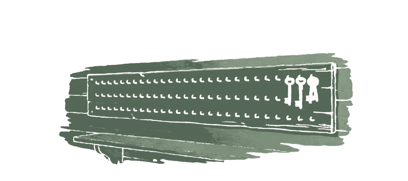 Woodblock print: a workshop key board of hooks on a wall, nearly every hook bare, three keys still hanging at one end, one of them in green.