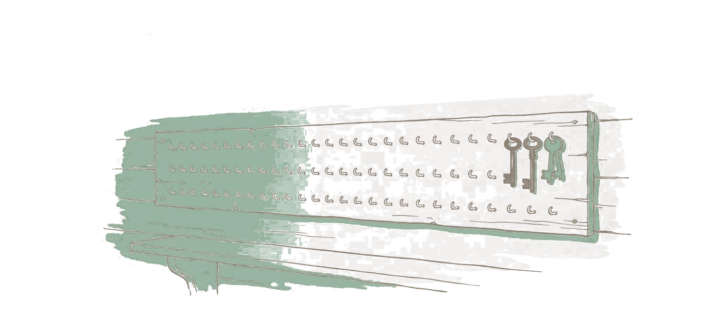 Woodblock print: a workshop key board of hooks on a wall, nearly every hook bare, three keys still hanging at one end, one of them in green.