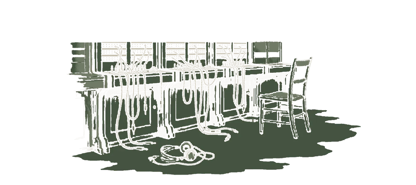 Woodblock print: an abandoned telephone exchange: a row of jack panels with their cords hanging loose, one empty wooden operator's chair pushed back, a headset left on the floor.