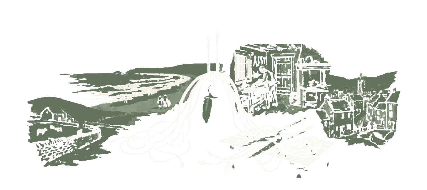 Woodblock print: a hanging weight carried by a bundle of cords of which only two or three are taut and the rest slack and splayed, a pair of shears closed on the slack ones, the weight hanging perfectly level.