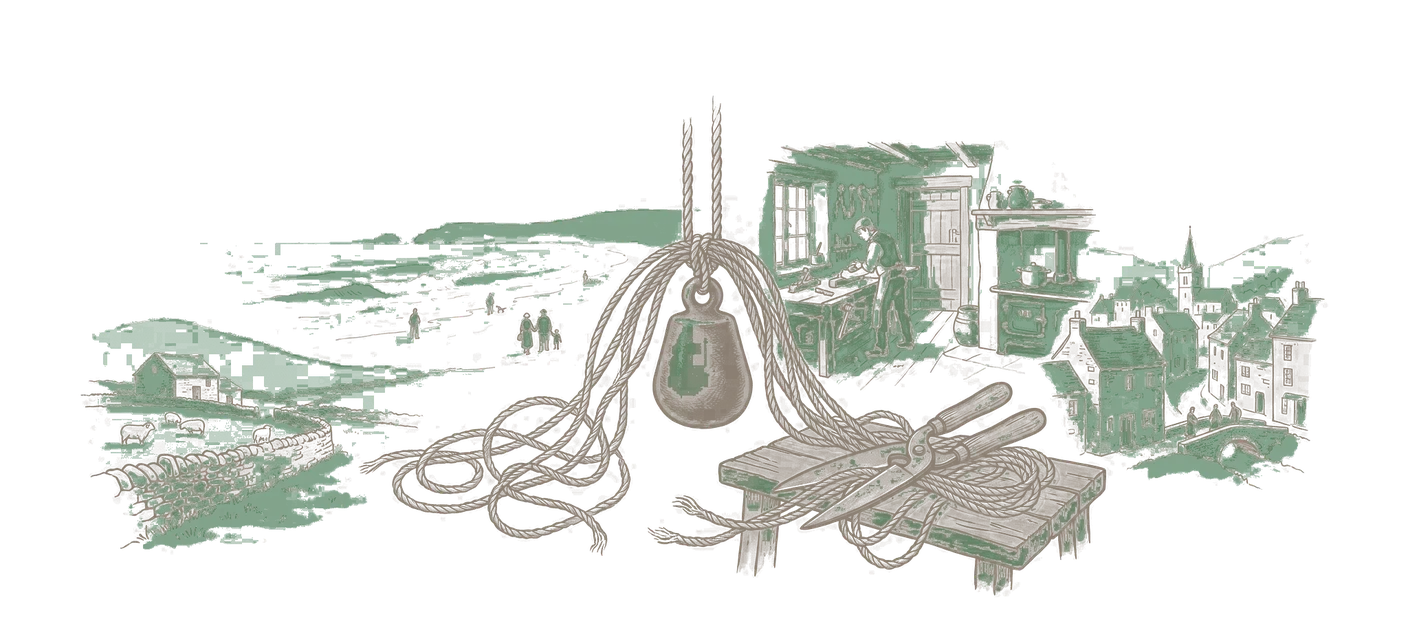Woodblock print: a hanging weight carried by a bundle of cords of which only two or three are taut and the rest slack and splayed, a pair of shears closed on the slack ones, the weight hanging perfectly level.