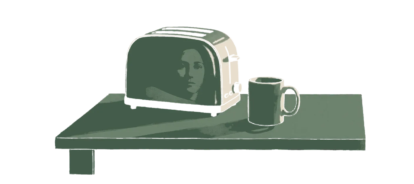 Two-colour linocut of a chrome two-slice toaster on a bench, one lever down, with a human face reflected across its curved side.