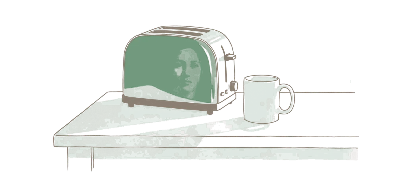 Two-colour linocut of a chrome two-slice toaster on a bench, one lever down, with a human face reflected across its curved side.