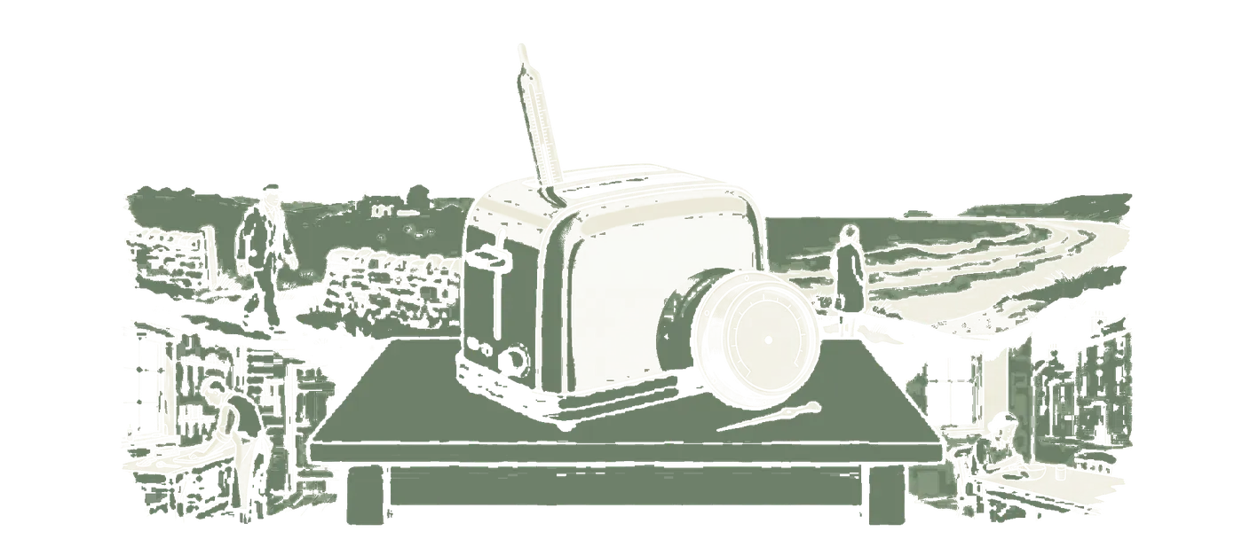 Woodblock print: the two-slice chrome toaster on a plain bench with an old glass thermometer standing in one slot and a brass dial gauge clamped to its side, the gauge's needle lying detached beneath the blank dial.