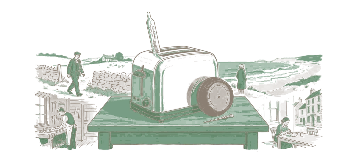 Woodblock print: the two-slice chrome toaster on a plain bench with an old glass thermometer standing in one slot and a brass dial gauge clamped to its side, the gauge's needle lying detached beneath the blank dial.