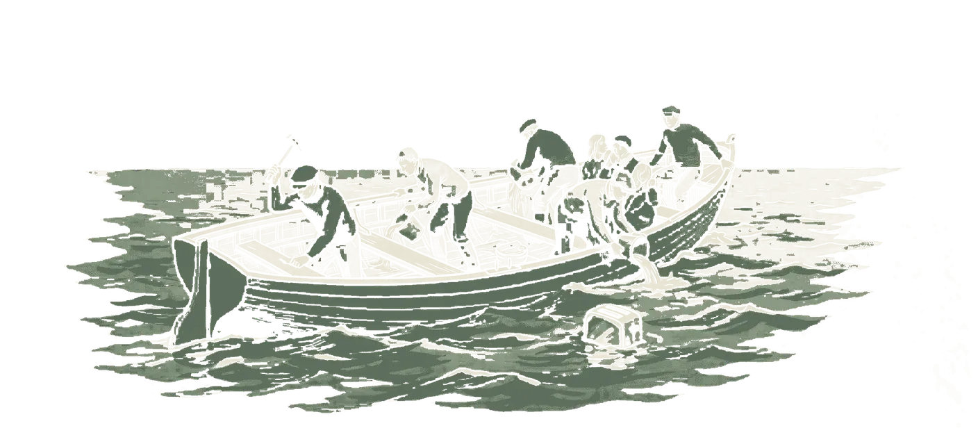 Woodblock print: a crowded open boat on open water with no land on any horizon, one crew member hammering a fresh plank into the hull while the others bail, and the two-slice chrome toaster floating in the water within arm's reach with nobody reaching for it.