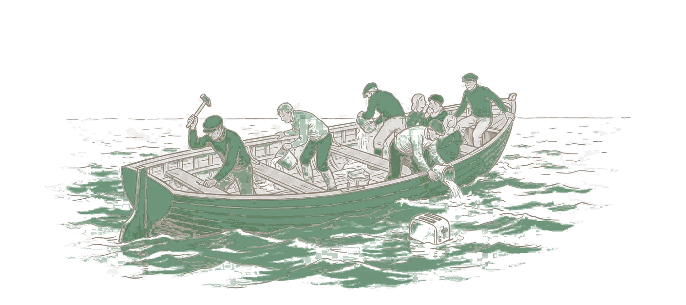 Woodblock print: a crowded open boat on open water with no land on any horizon, one crew member hammering a fresh plank into the hull while the others bail, and the two-slice chrome toaster floating in the water within arm's reach with nobody reaching for it.