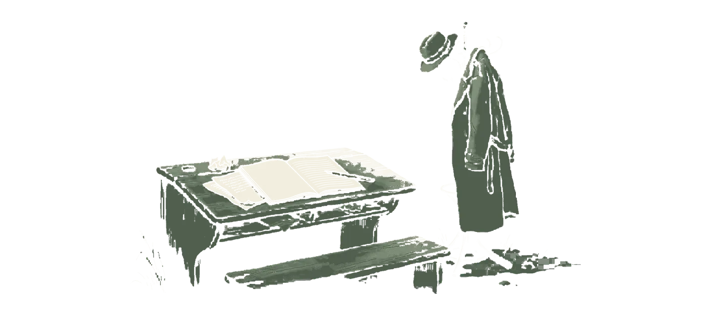 Woodblock print: a writing desk with a pen resting mid-page on an unfinished sheet, and beside it a coat stand holding a trenchcoat and hat that keep a human shape as though somebody were still inside them.