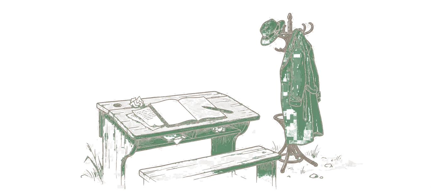 Woodblock print: a writing desk with a pen resting mid-page on an unfinished sheet, and beside it a coat stand holding a trenchcoat and hat that keep a human shape as though somebody were still inside them.