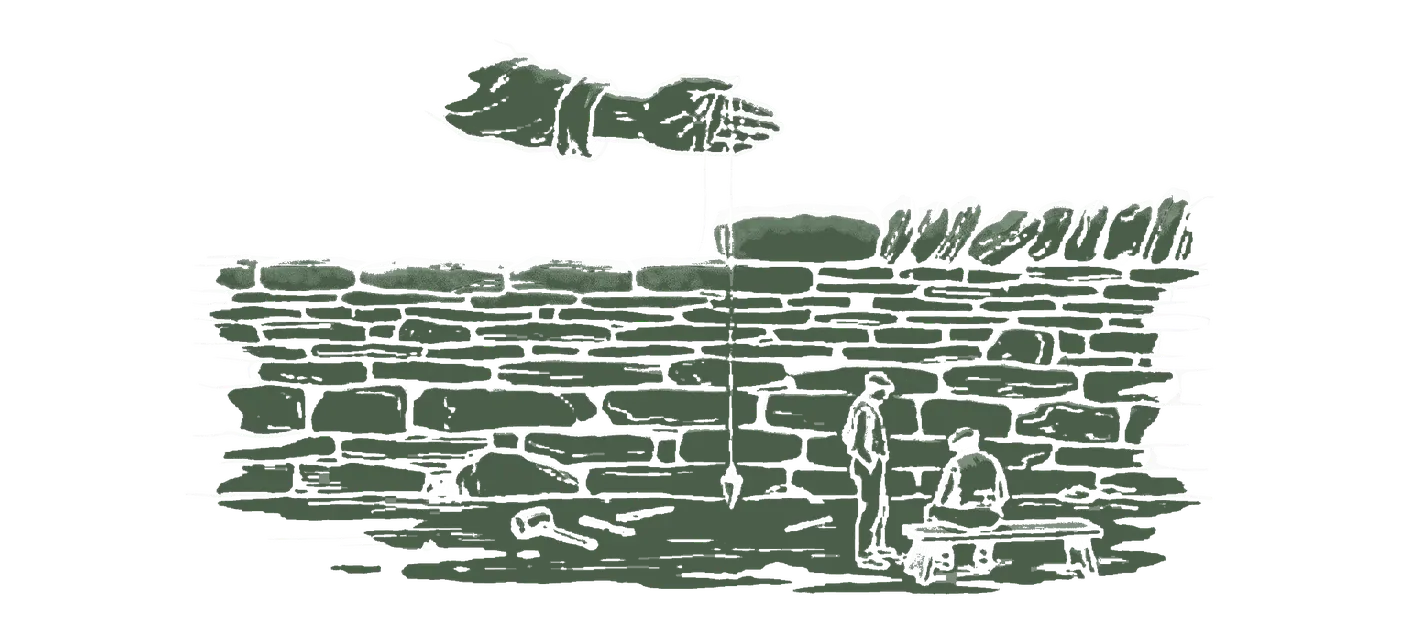 Woodblock print: a low cross-section of a drystone wall with its courses countable, a plumb line dropped from a hand at the top to the ground, the single course under the hand in green.