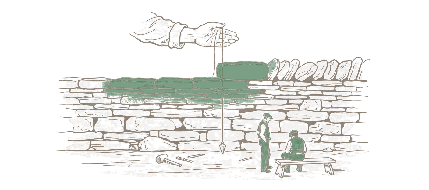 Woodblock print: a low cross-section of a drystone wall with its courses countable, a plumb line dropped from a hand at the top to the ground, the single course under the hand in green.