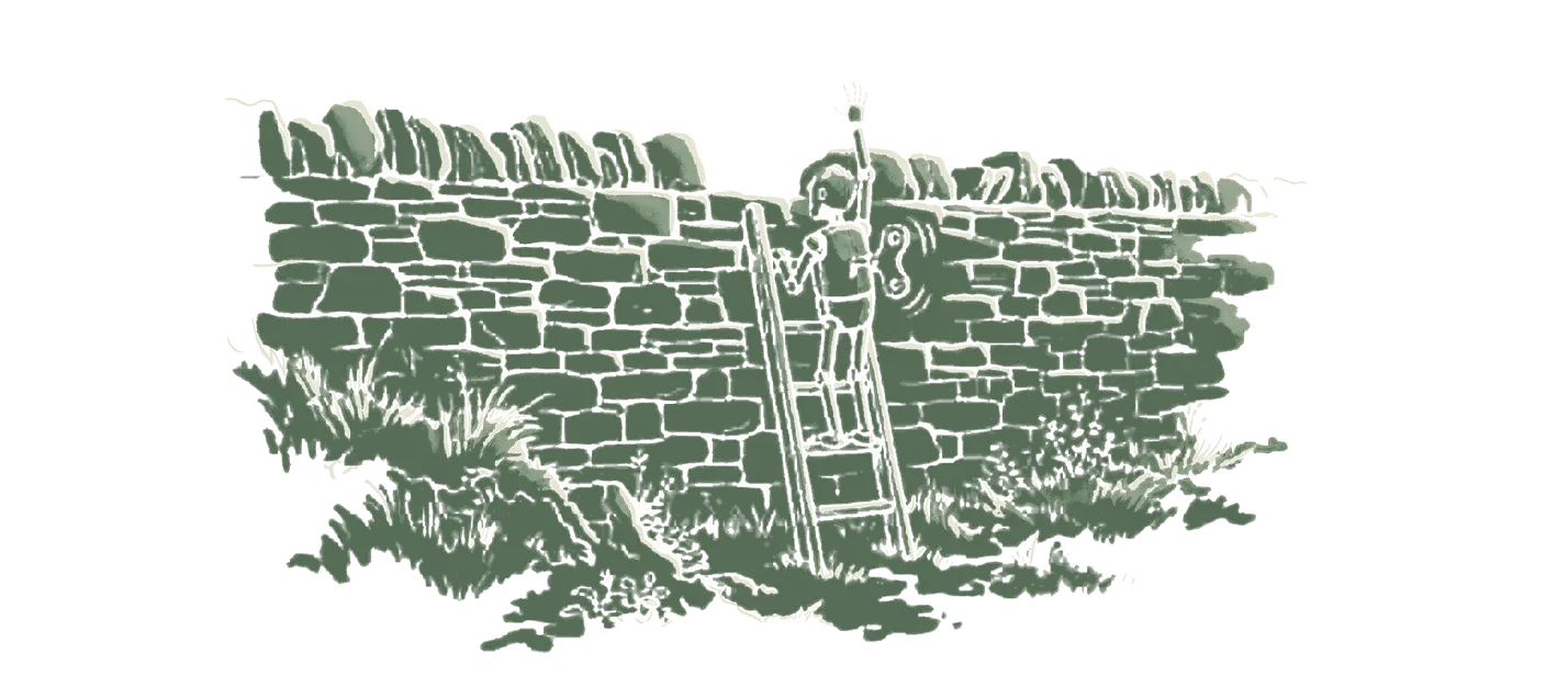 Woodblock print: a clockwork automaton standing on the third and topmost rung of a short wooden ladder leaning against a high drystone wall, one arm stretched straight up toward where a fourth rung should be, the top of the wall still well above its reach, its winding key turning; the key in green.
