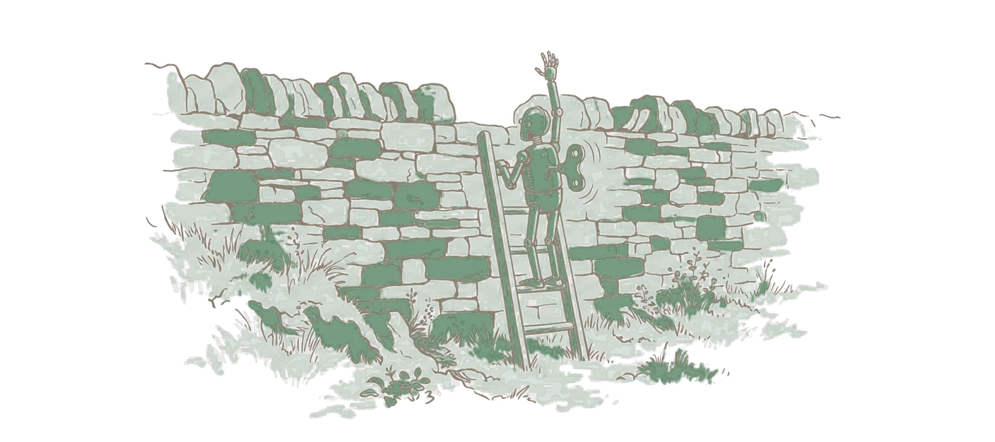 Woodblock print: a clockwork automaton standing on the third and topmost rung of a short wooden ladder leaning against a high drystone wall, one arm stretched straight up toward where a fourth rung should be, the top of the wall still well above its reach, its winding key turning; the key in green.
