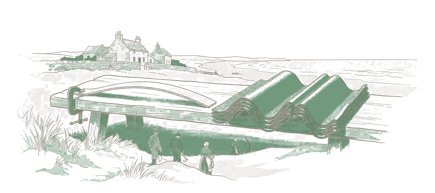 Woodblock print: two specimens side by side on a bench: a thin metal strip clamped at one end and bowed only gently by its screw, and beside it the deeply corrugated form it would have to take; the corrugated one in green.