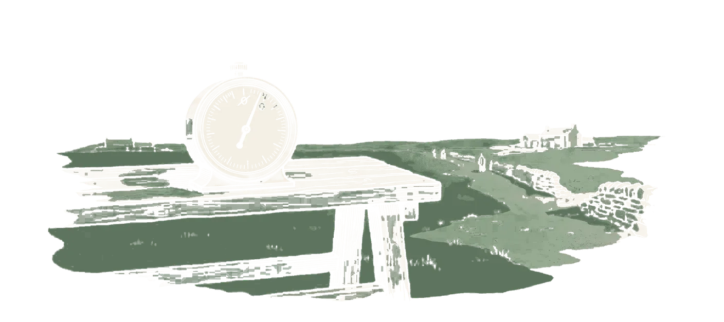 Woodblock print: a brass dial gauge standing on a bench, its zero mark struck through and a fresh zero cut a few degrees around the bezel, the graduations crowded together on one side of the new mark and stretched apart on the other, the needle standing on the old mark; the new mark in green.