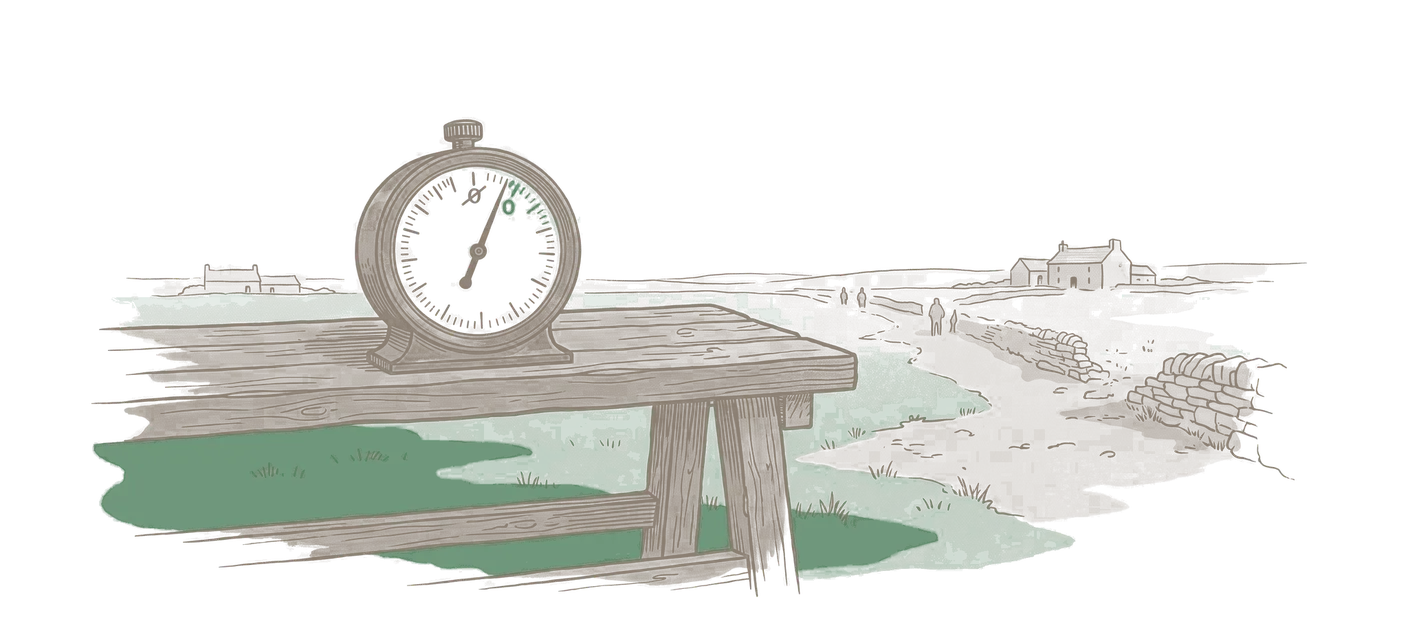 Woodblock print: a brass dial gauge standing on a bench, its zero mark struck through and a fresh zero cut a few degrees around the bezel, the graduations crowded together on one side of the new mark and stretched apart on the other, the needle standing on the old mark; the new mark in green.