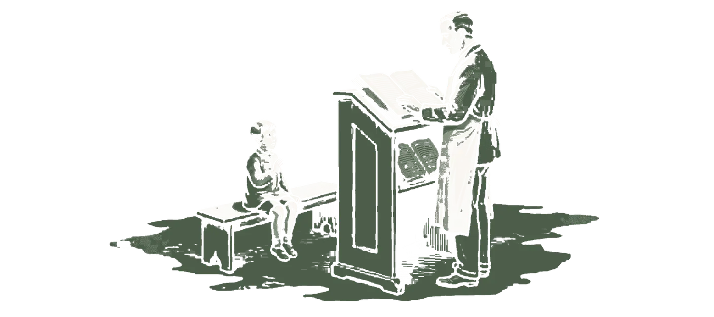 Woodblock print: a teacher standing behind a tall lectern reading from one open book on top of it, while a second open book lies hidden on a shelf under the lectern's lip, visible to us but not to the small student sitting on a bench in front with a hand raised.